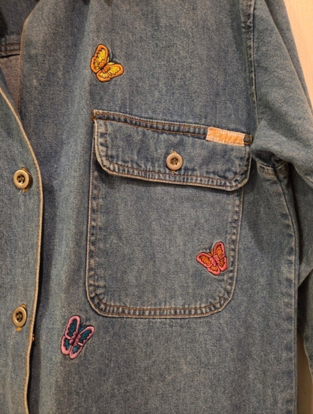 Vintage 90s Repair Jeans Clothing Brand Embroidered Butterflies Button Up